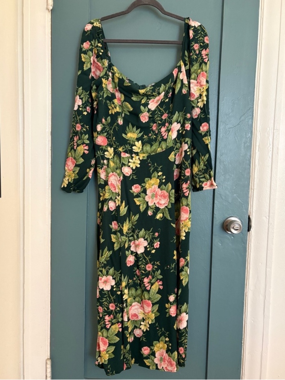 Floral Green Midi Dress with Pink Rose Print
